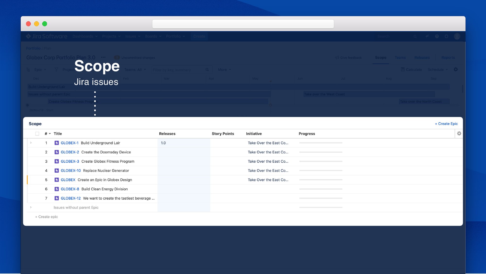 Portfolio 2.0 scope section listing Jira issues