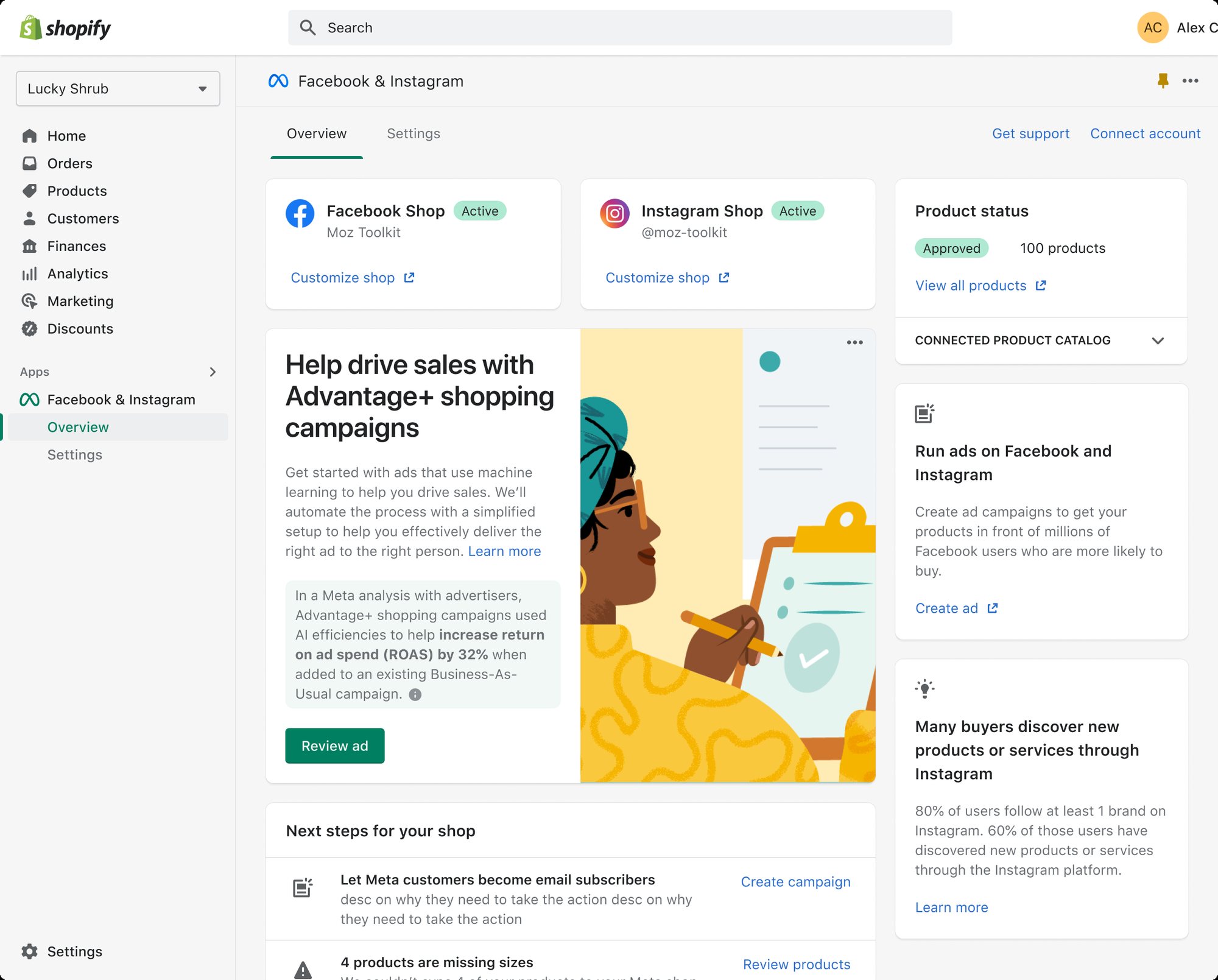 Shopify Meta App overview with the Advantage+ shopping promo card