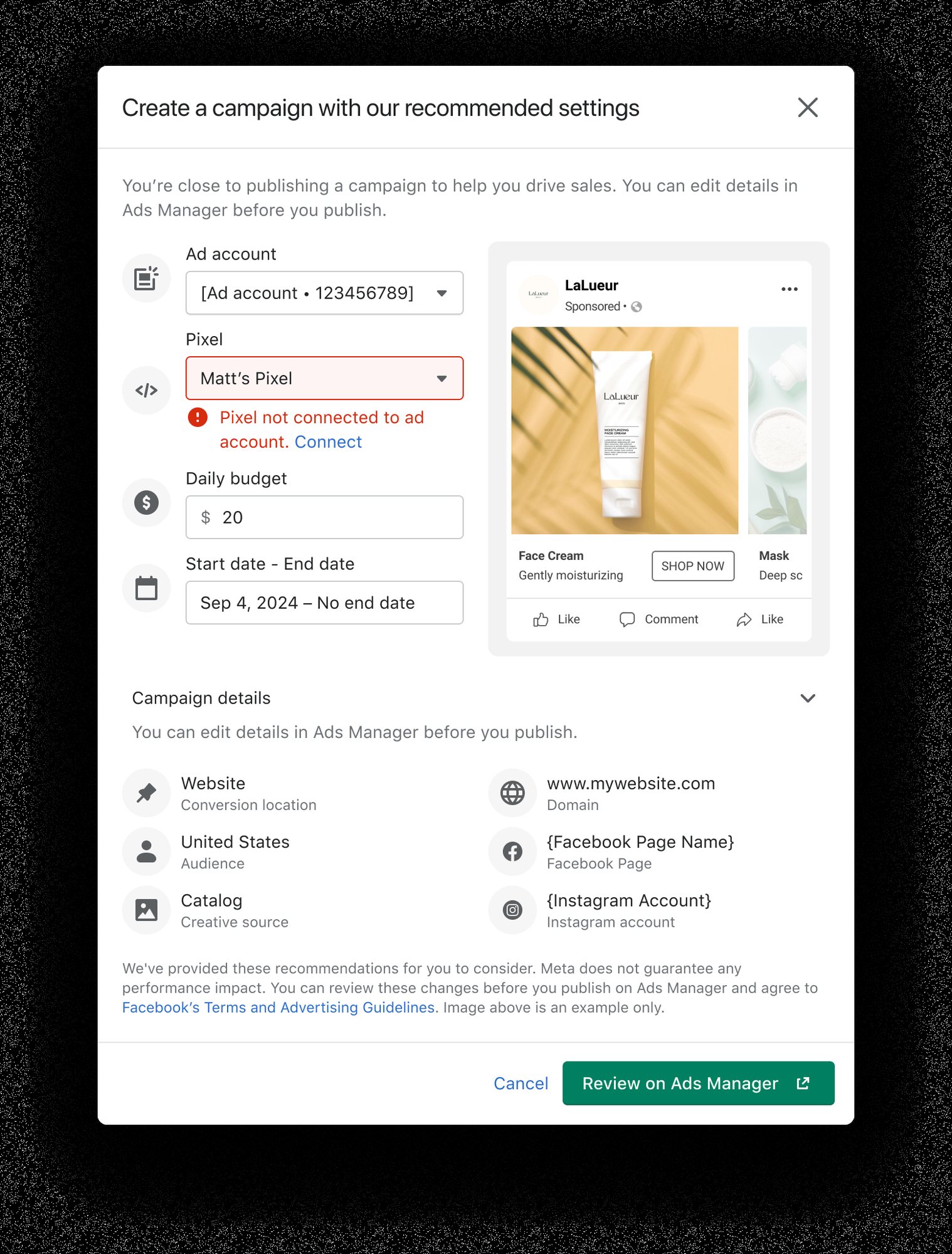 Recommended campaign settings modal with connection fixes inline