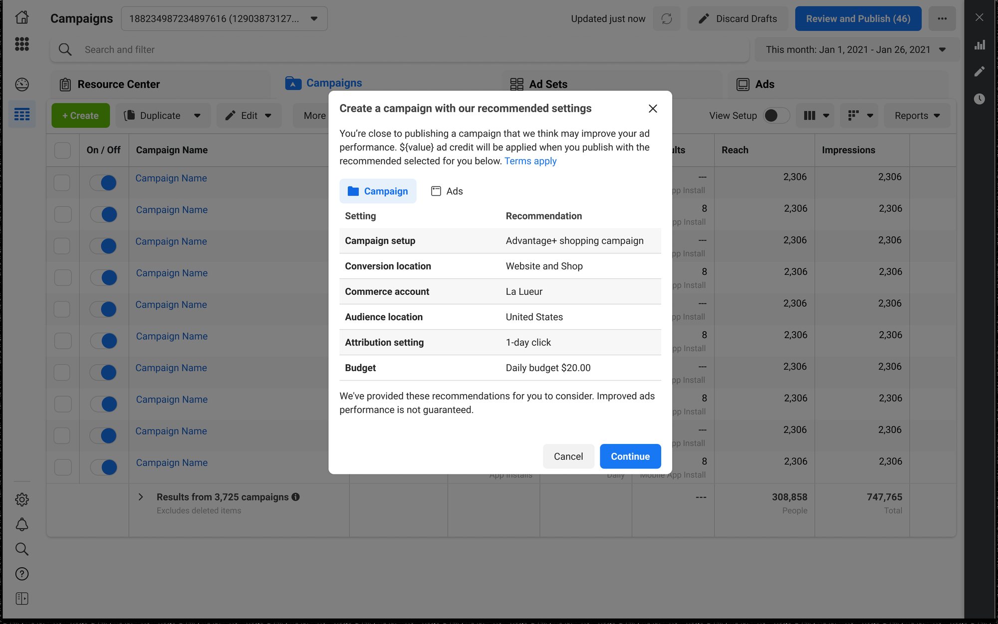 Pre-filled campaign proposal opened in Ads Manager