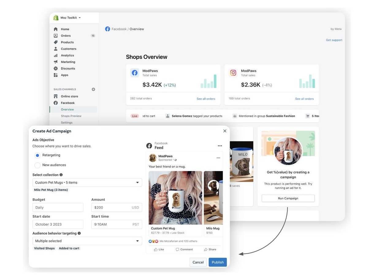 Shopify Meta App overview with the one-click Create Ad Campaign modal
