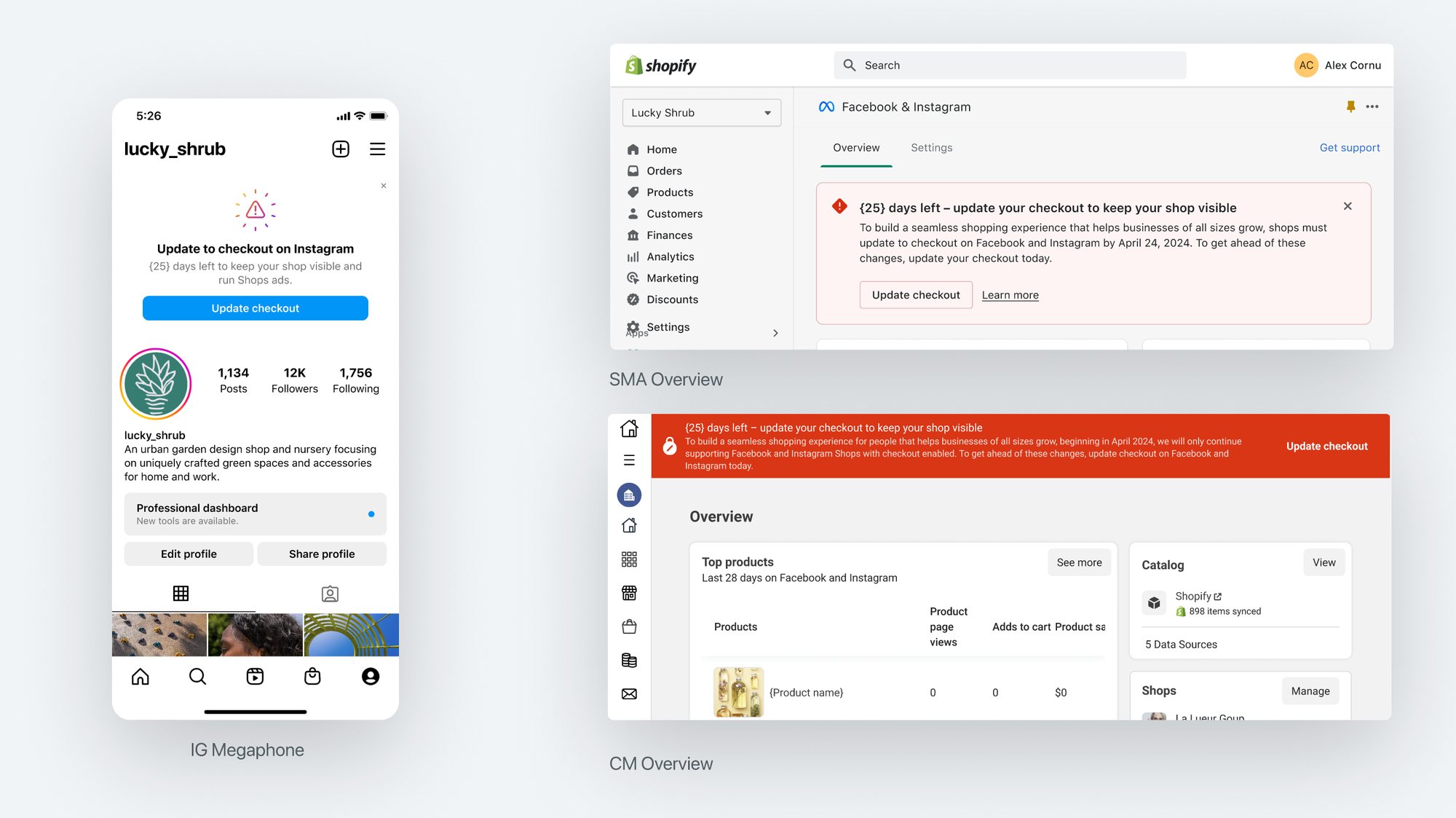 Contextual warning banner in the Shopify Meta App and Instagram megaphone