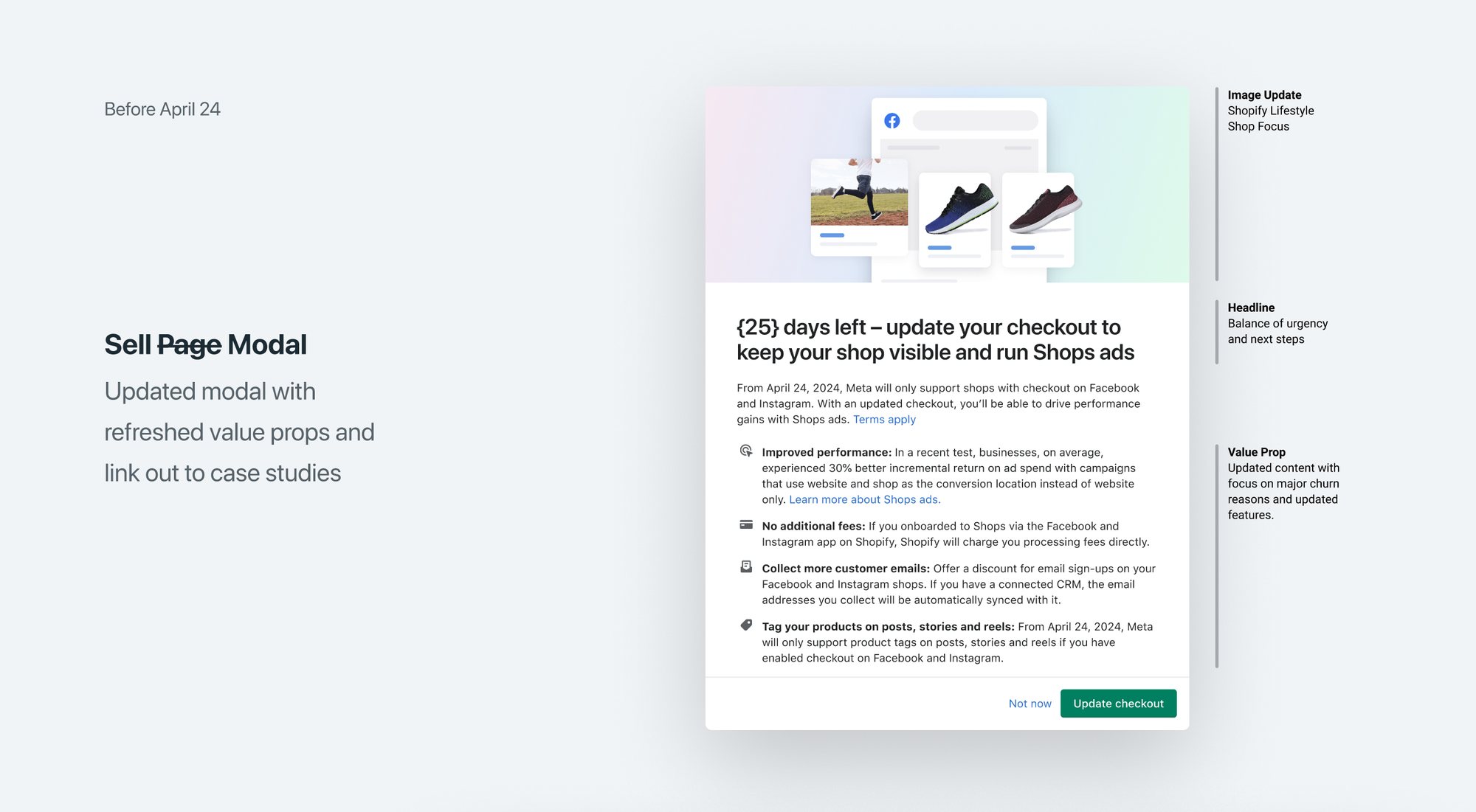 Sell page modal with refreshed value props and a countdown to the deadline