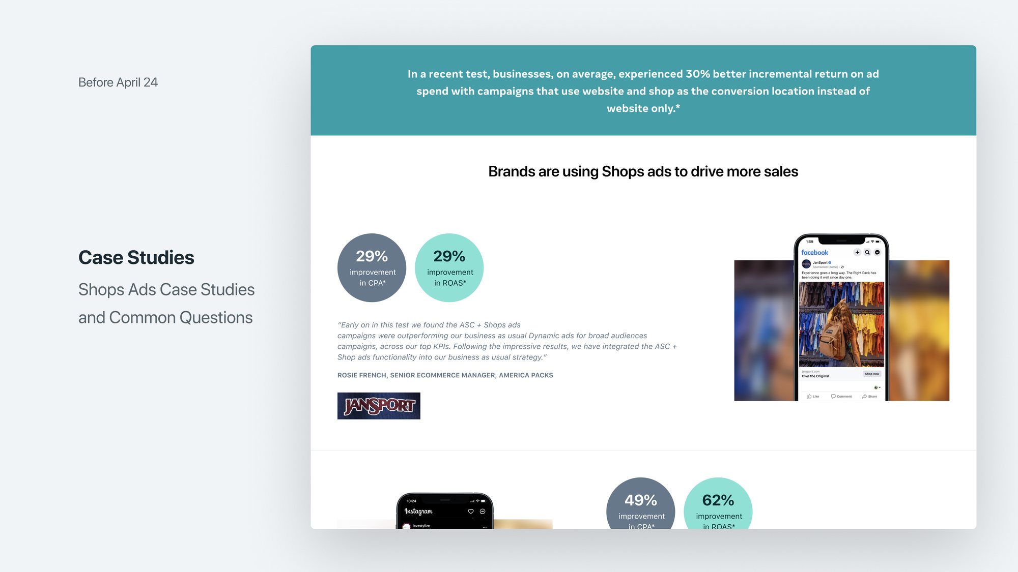 Sell page linking out to Shops ads case studies and results