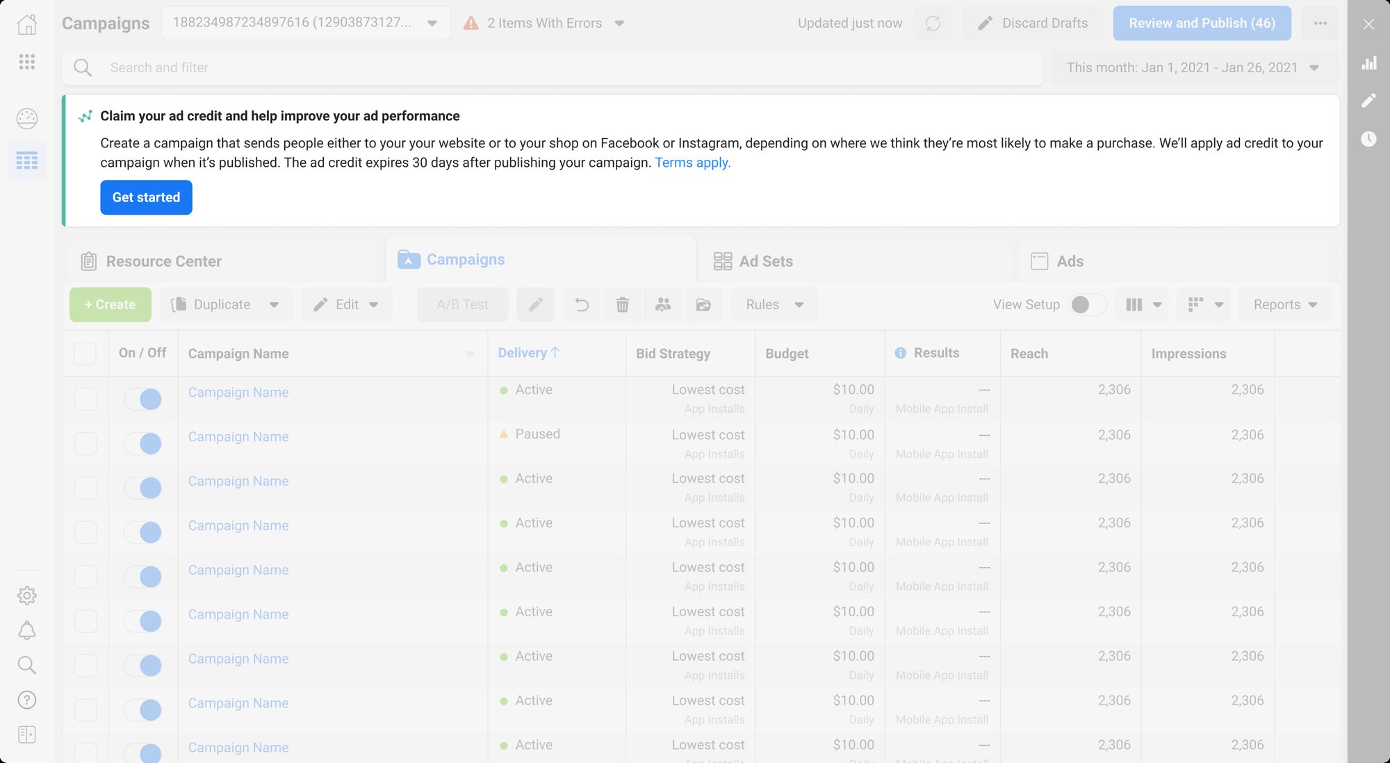 Ads Manager campaigns view with the ad credit banner