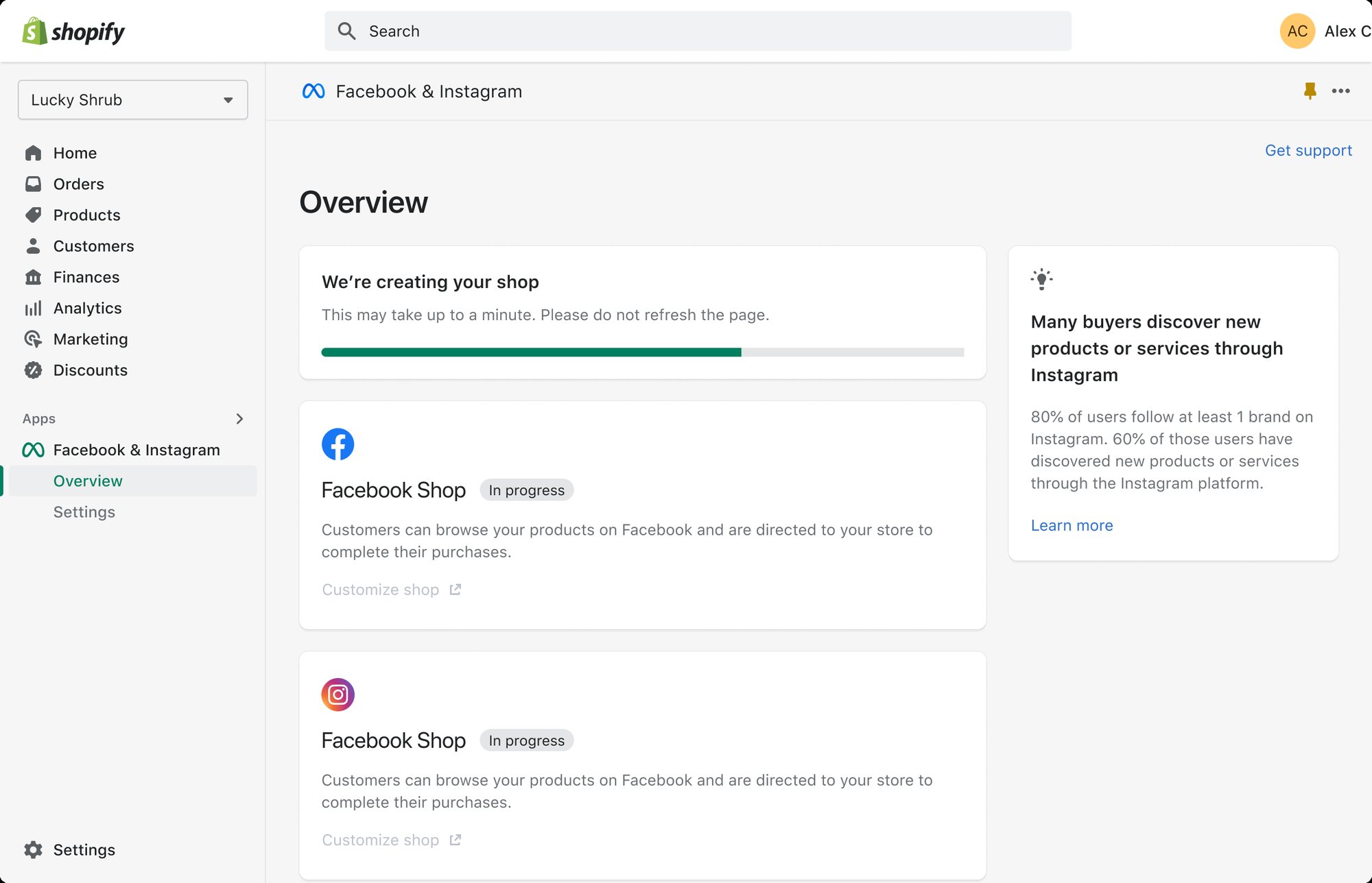 Shopify overview while the shop is being created
