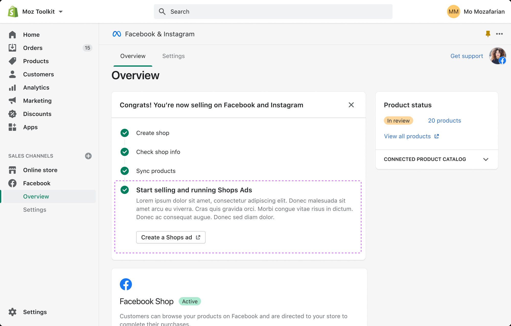 Shopify overview once the shop is live and selling