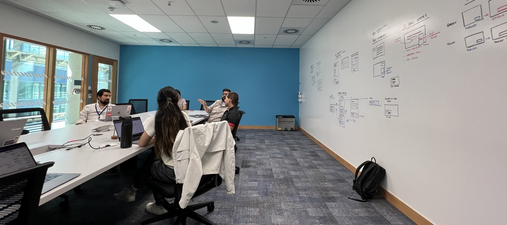 The team mid-workshop in London, with onboarding flows and fail states sketched across the whiteboard wall