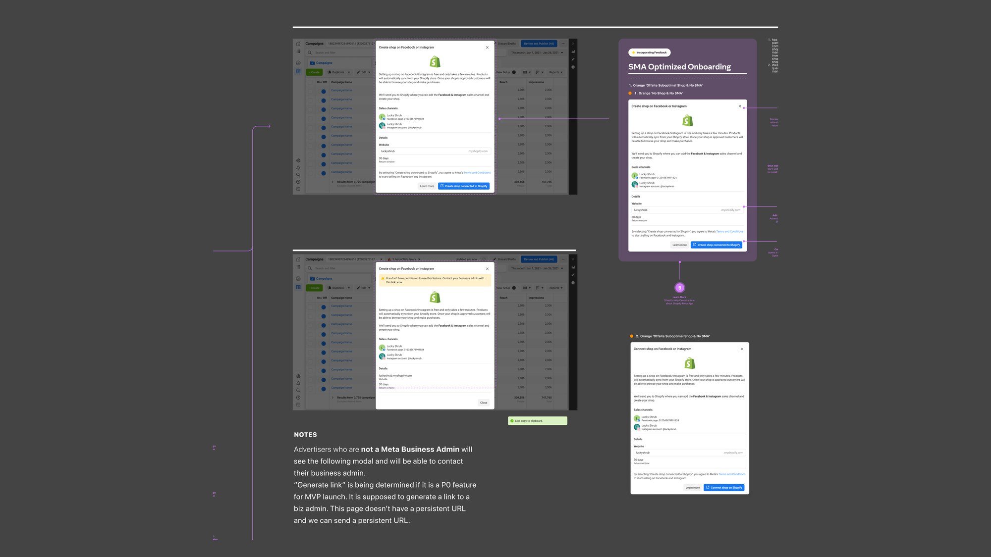 Close-up: creating a shop on Facebook or Instagram from Ads Manager, including the non-admin modal